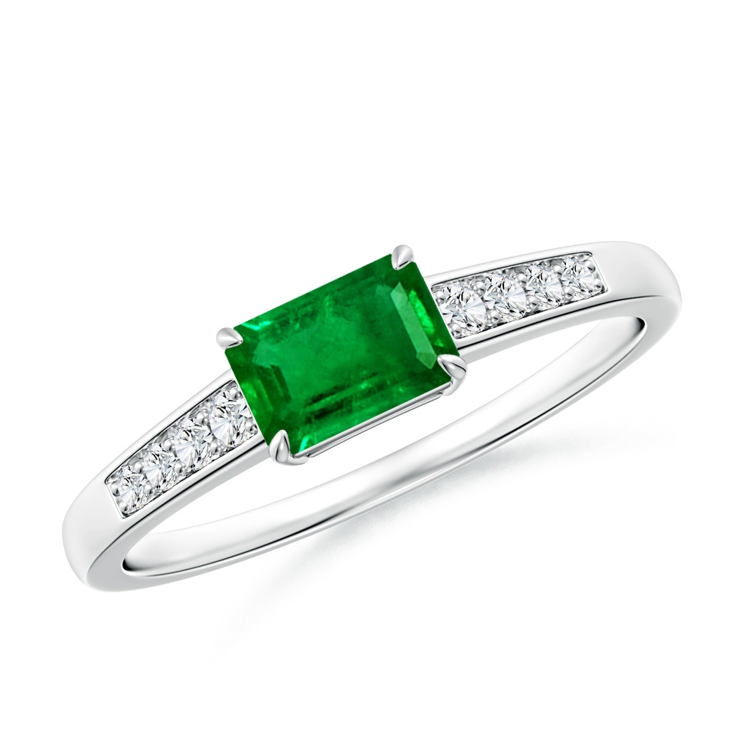 6x4mm AAAA East West Emerald-Cut Emerald Solitaire Ring with Diamond Accents in White Gold