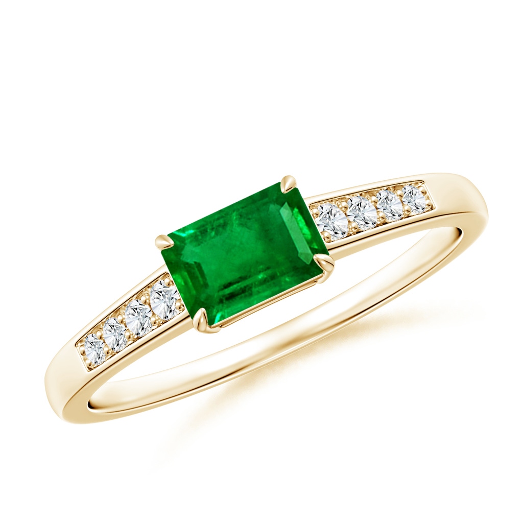 6x4mm AAAA East West Emerald-Cut Emerald Solitaire Ring with Diamond Accents in Yellow Gold
