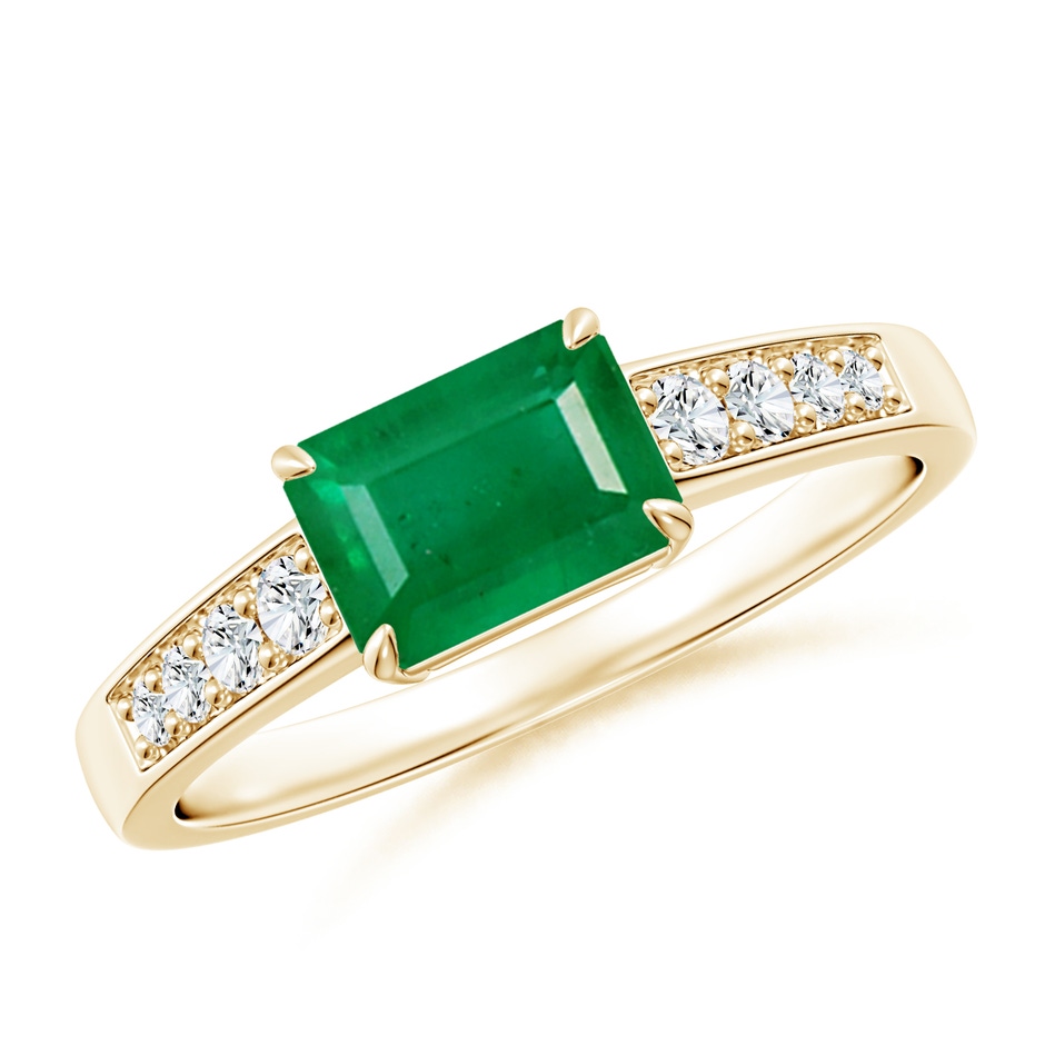 7x5mm AA East West Emerald-Cut Emerald Solitaire Ring with Diamond Accents in Yellow Gold 