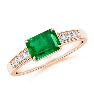 7x5mm AAA East West Emerald-Cut Emerald Solitaire Ring with Diamond Accents in Rose Gold