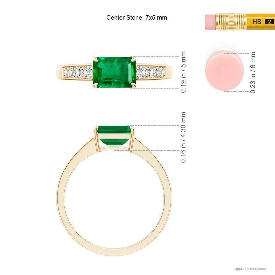 7x5mm AAA East West Emerald-Cut Emerald Solitaire Ring with Diamond Accents in Yellow Gold ruler