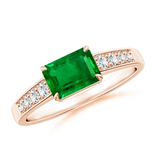 7x5mm AAAA East West Emerald-Cut Emerald Solitaire Ring with Diamond Accents in 9K Rose Gold