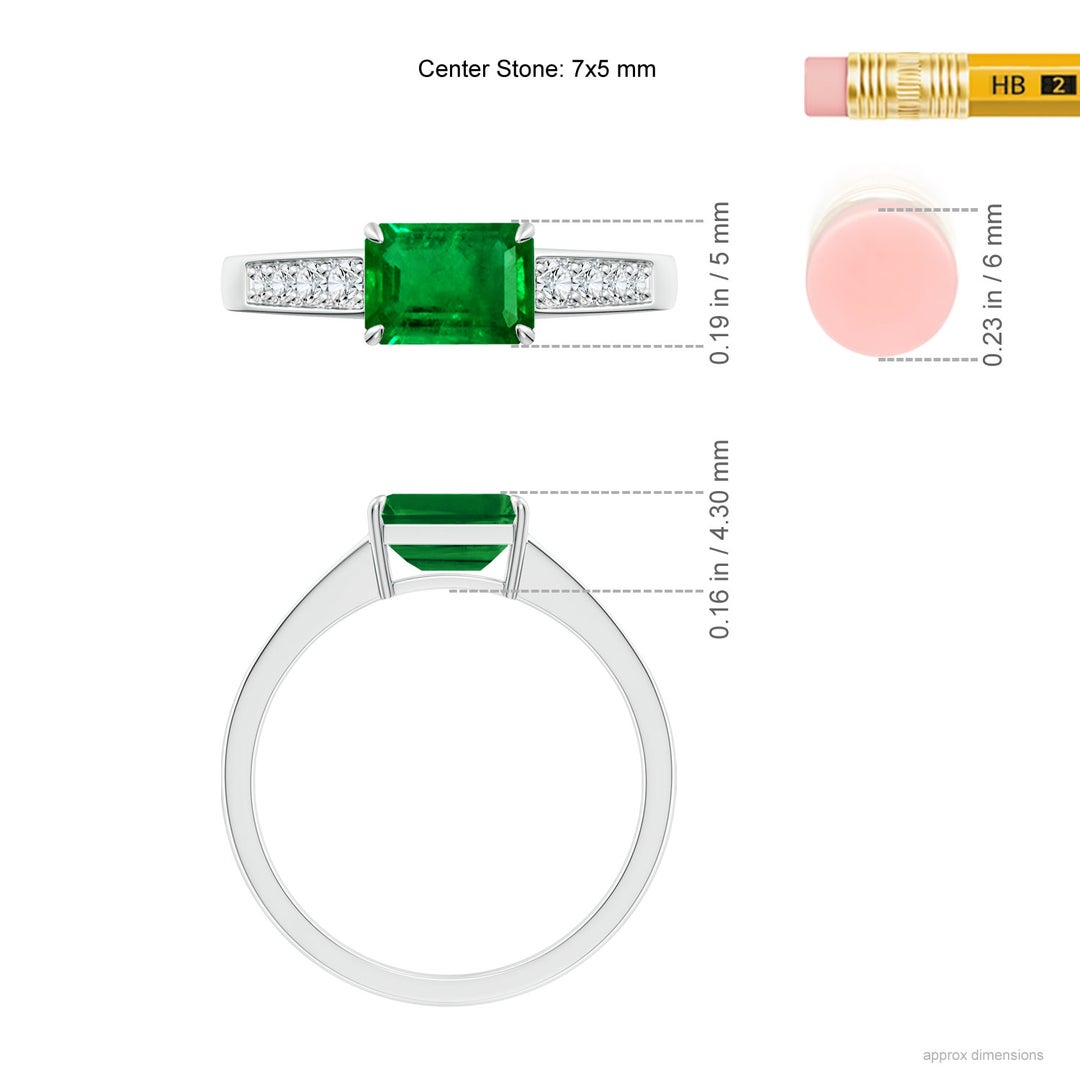 7x5mm AAAA East West Emerald-Cut Emerald Solitaire Ring with Diamond Accents in P950 Platinum - ruler