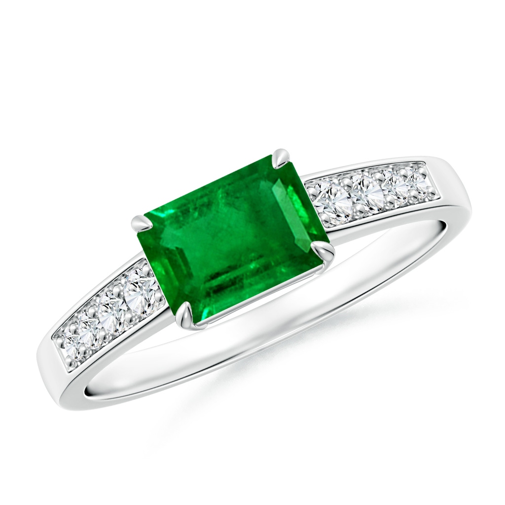 7x5mm AAAA East West Emerald-Cut Emerald Solitaire Ring with Diamond Accents in White Gold