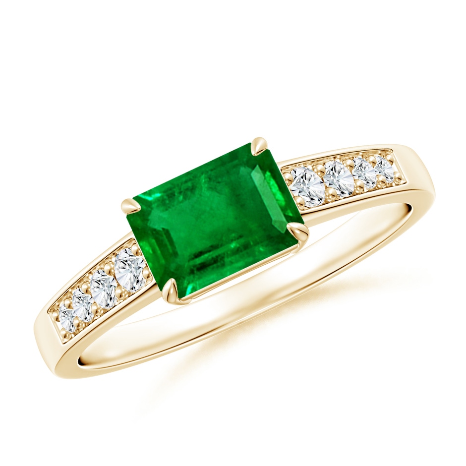 7x5mm Lab-Grown East West Emerald-Cut Emerald Solitaire Ring with Diamond Accents in Yellow Gold 