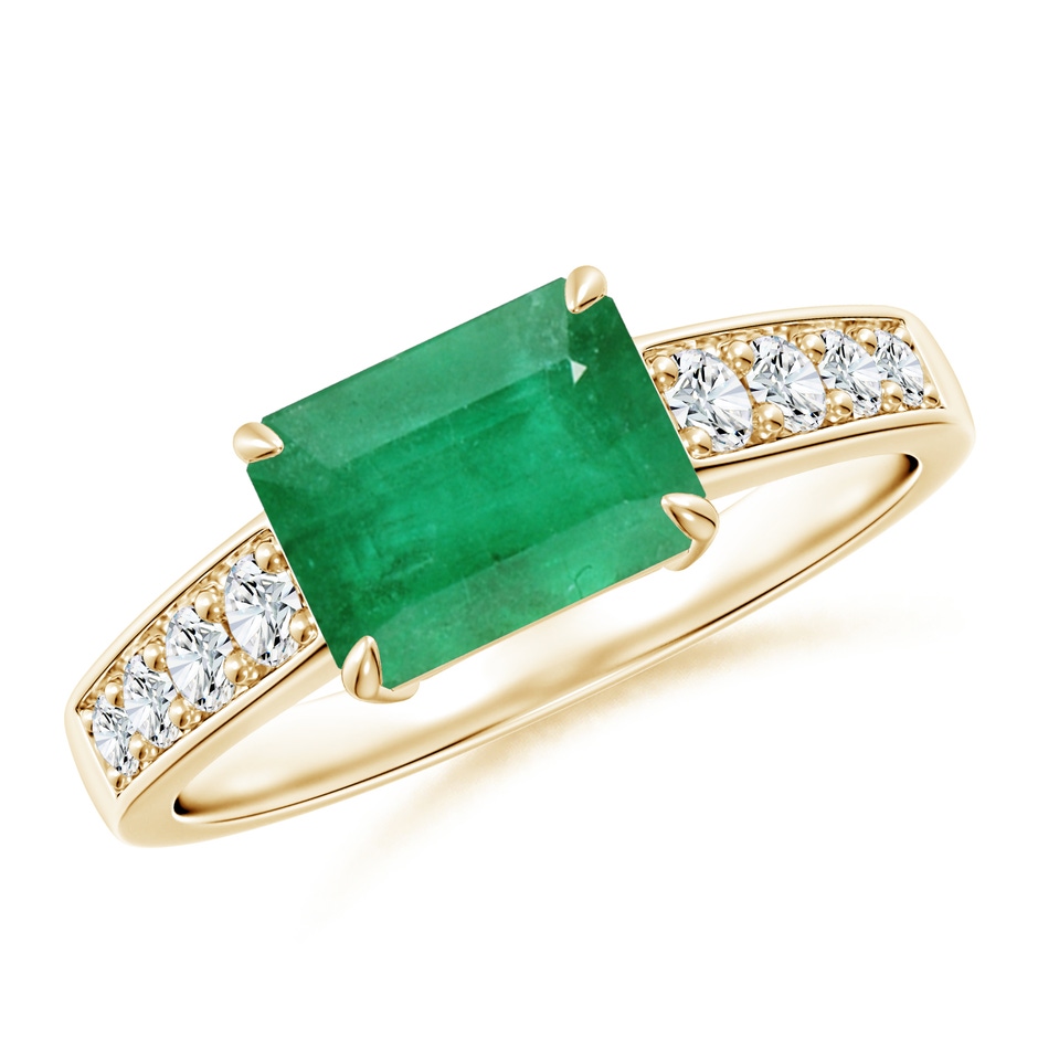 8x6mm A East West Emerald-Cut Emerald Solitaire Ring with Diamond Accents in Yellow Gold 