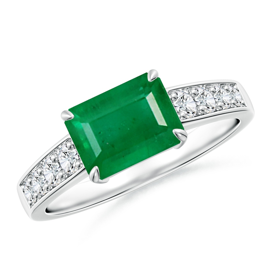 8x6mm AA East West Emerald-Cut Emerald Solitaire Ring with Diamond Accents in White Gold 
