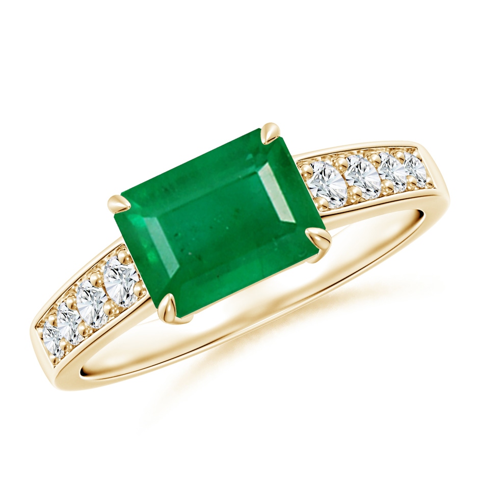 8x6mm AA East West Emerald-Cut Emerald Solitaire Ring with Diamond Accents in Yellow Gold 