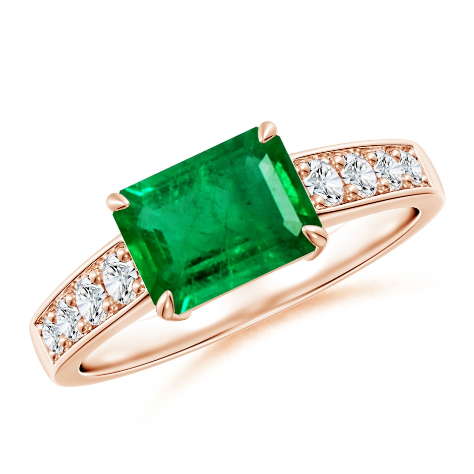 8x6mm AAA East West Emerald-Cut Emerald Solitaire Ring with Diamond Accents in 9K Rose Gold 