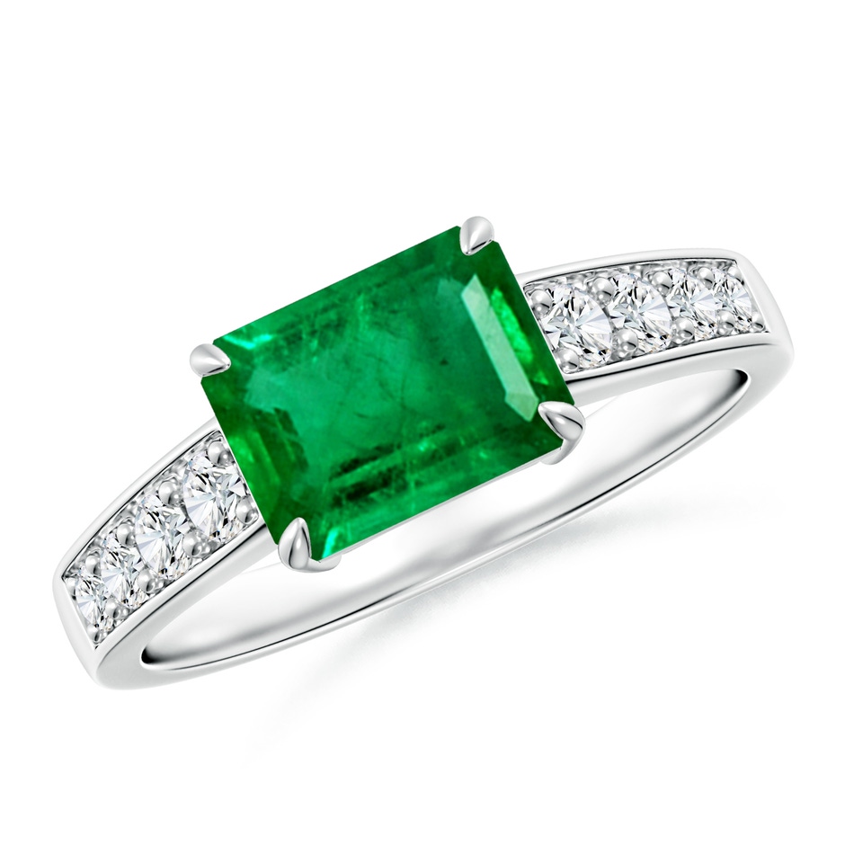 8x6mm AAA East West Emerald-Cut Emerald Solitaire Ring with Diamond Accents in P950 Platinum 