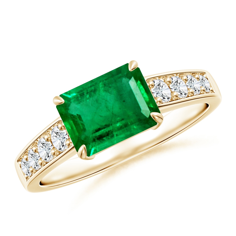 8x6mm AAA East West Emerald-Cut Emerald Solitaire Ring with Diamond Accents in Yellow Gold 