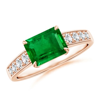 8x6mm AAAA East West Emerald-Cut Emerald Solitaire Ring with Diamond Accents in 10K Rose Gold