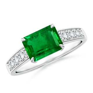 8x6mm AAAA East West Emerald-Cut Emerald Solitaire Ring with Diamond Accents in P950 Platinum