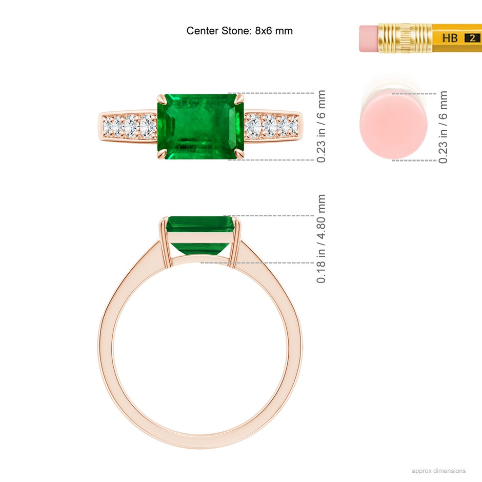 8x6mm Lab-Grown East West Emerald-Cut Emerald Solitaire Ring with Diamond Accents in Rose Gold ruler