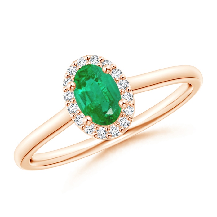 6x4mm AA Prong-Set Oval Emerald and Diamond Halo Ring in Rose Gold 