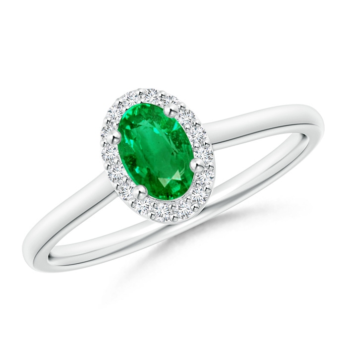 6x4mm AAA Prong-Set Oval Emerald and Diamond Halo Ring in White Gold