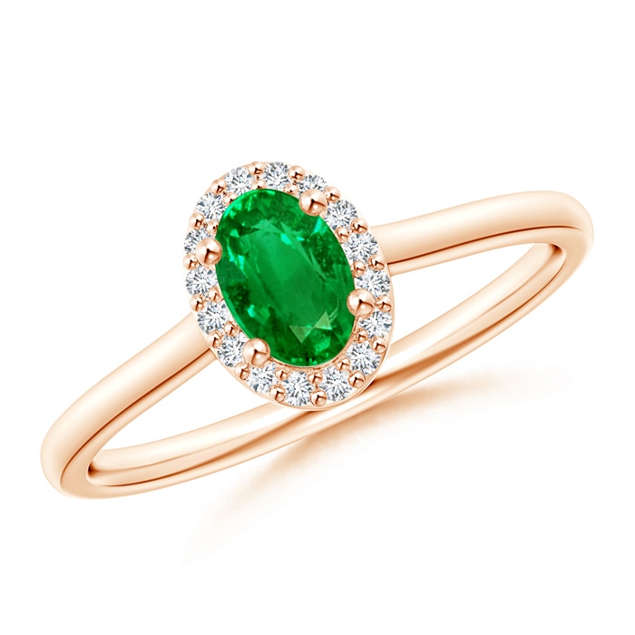 6x4mm AAAA Prong-Set Oval Emerald and Diamond Halo Ring in Rose Gold 