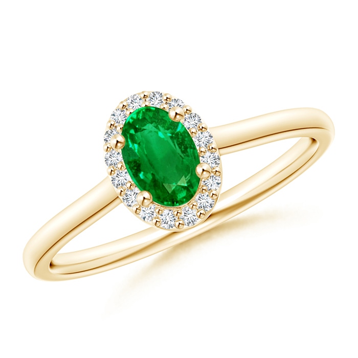 6x4mm AAAA Prong-Set Oval Emerald and Diamond Halo Ring in Yellow Gold