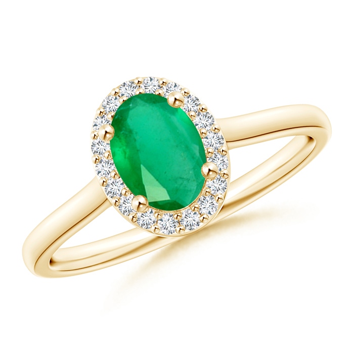 7x5mm A Prong-Set Oval Emerald and Diamond Halo Ring in Yellow Gold 
