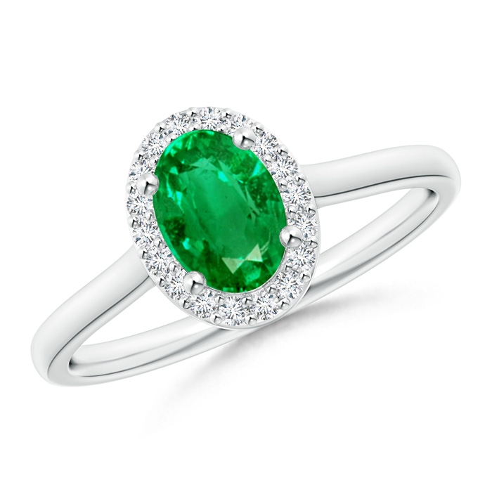 7x5mm AAA Prong-Set Oval Emerald and Diamond Halo Ring in White Gold 