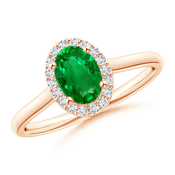 7x5mm AAAA Prong-Set Oval Emerald and Diamond Halo Ring in Rose Gold 