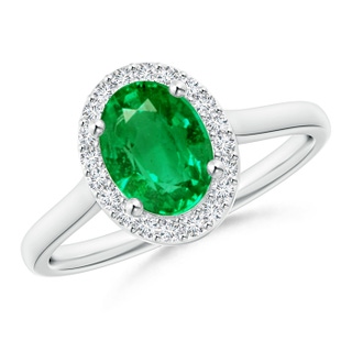 8x6mm AAA Prong-Set Oval Emerald and Diamond Halo Ring in White Gold