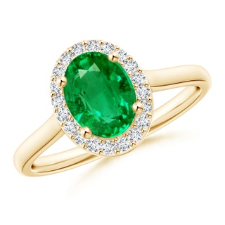 8x6mm AAA Prong-Set Oval Emerald and Diamond Halo Ring in Yellow Gold