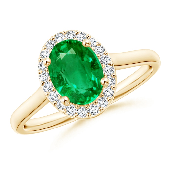 8x6mm AAA Prong-Set Oval Emerald and Diamond Halo Ring in Yellow Gold 