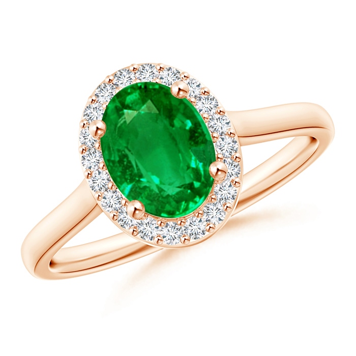8x6mm AAAA Prong-Set Oval Emerald and Diamond Halo Ring in Rose Gold 