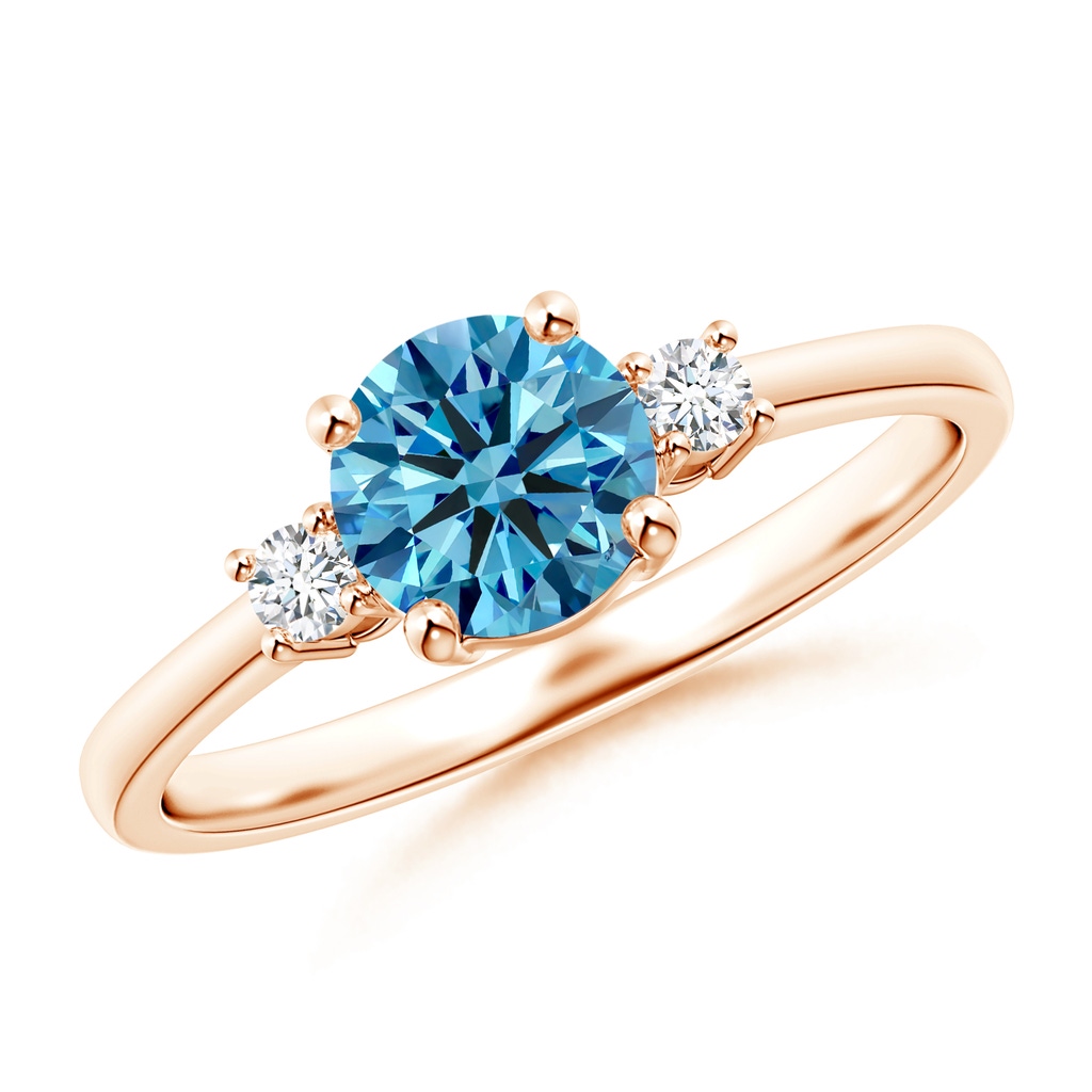 6.2mm AAAA Prong-Set Round 3 Stone Fancy Intense Blue and White Diamond Ring in Rose Gold