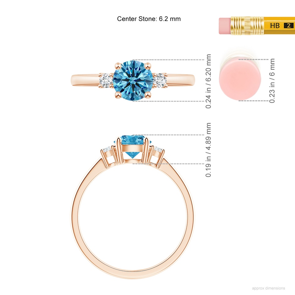 6.2mm AAAA Prong-Set Round 3 Stone Fancy Intense Blue and White Diamond Ring in Rose Gold ruler