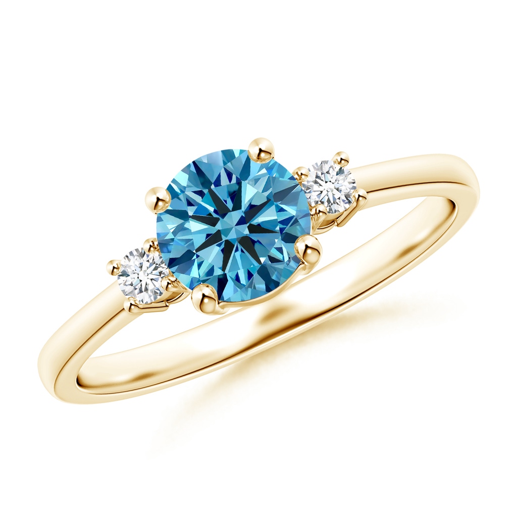 6.2mm AAAA Prong-Set Round 3 Stone Fancy Intense Blue and White Diamond Ring in Yellow Gold