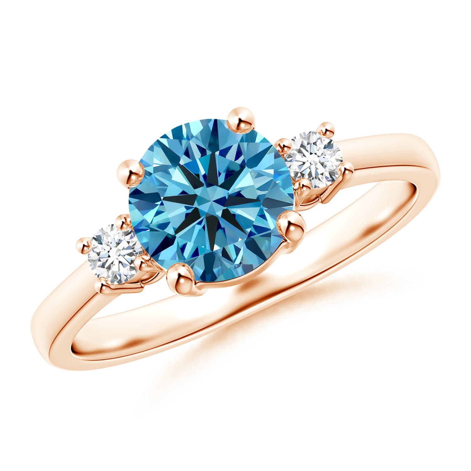 Angara 1.51 CTW Prong-Set Round 3 Stone Fancy Intense Blue and White Diamond Engagement Ring in 18K Rose Gold