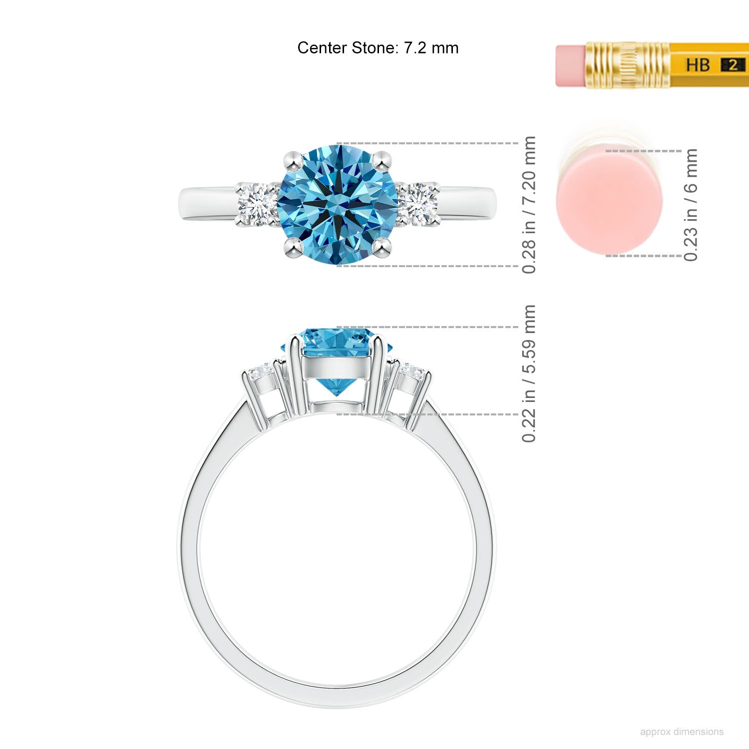 7.2mm AAAA Prong-Set Round 3 Stone Fancy Intense Blue and White Diamond Ring in White Gold - ruler