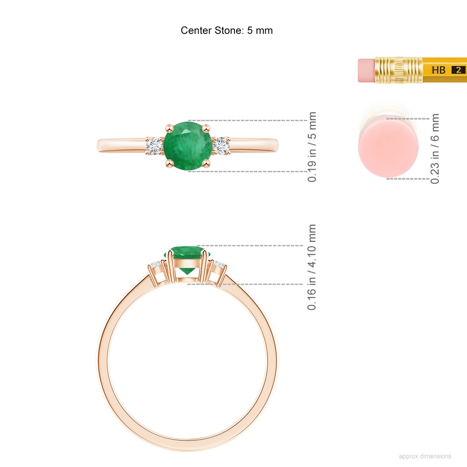 5mm A Prong-Set Round 3 Stone Emerald and Diamond Ring in Rose Gold ruler