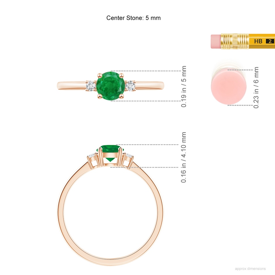 5mm AA Prong-Set Round 3 Stone Emerald and Diamond Ring in Rose Gold ruler