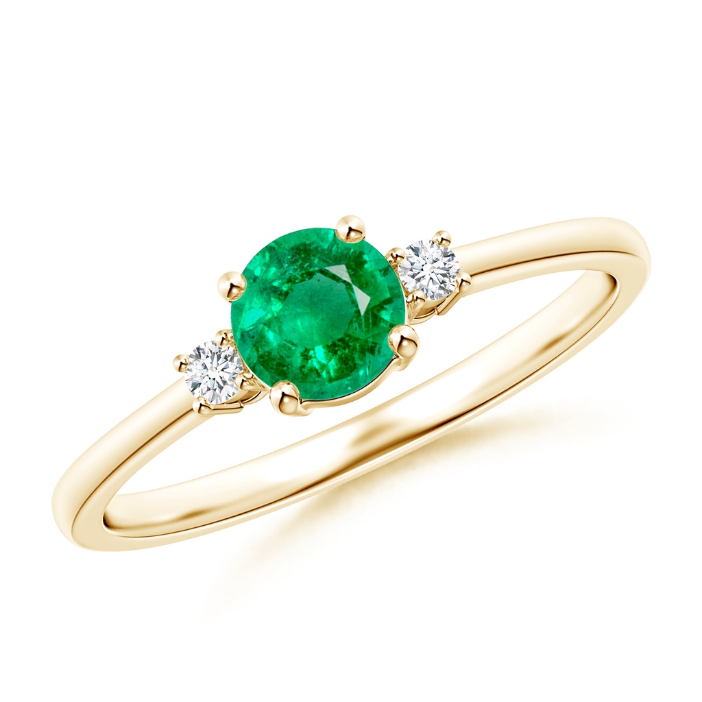 5mm AAA Prong-Set Round 3 Stone Emerald and Diamond Ring in Yellow Gold