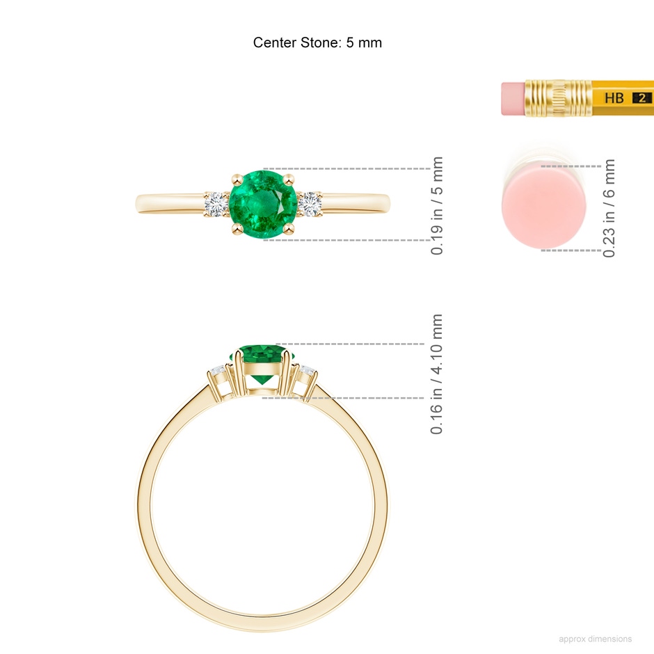 5mm AAA Prong-Set Round 3 Stone Emerald and Diamond Ring in Yellow Gold ruler