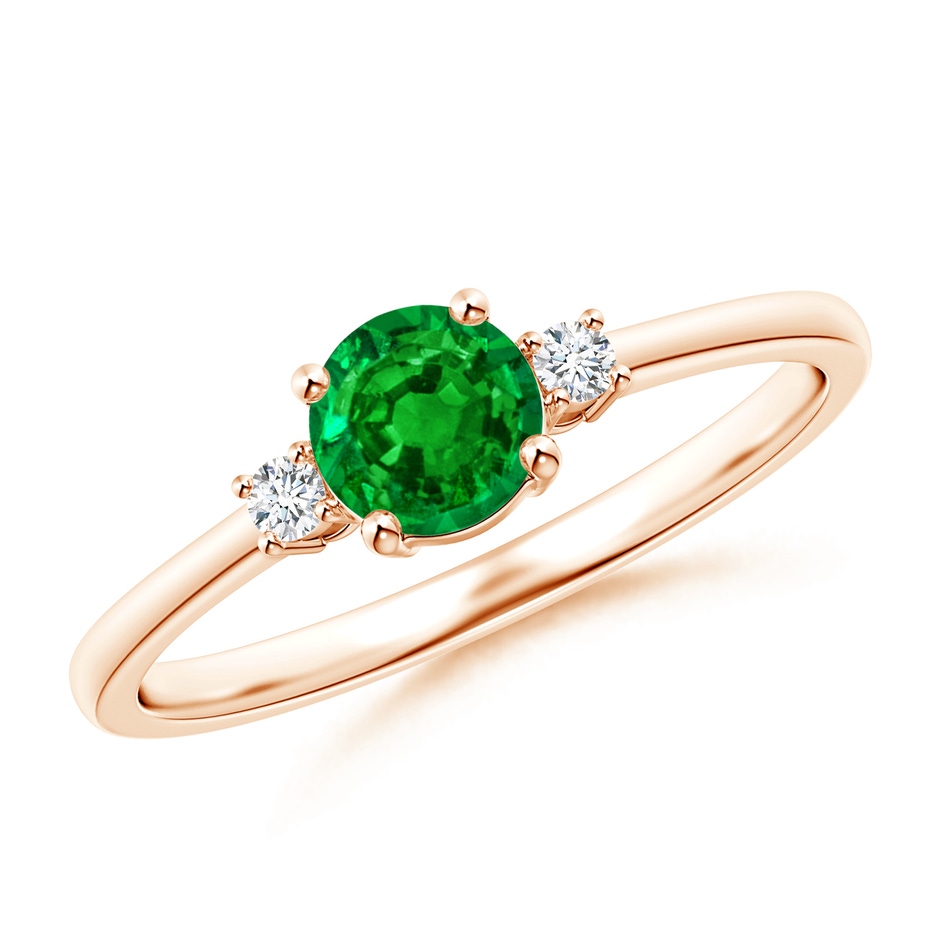5mm AAAA Prong-Set Round 3 Stone Emerald and Diamond Ring in Rose Gold 