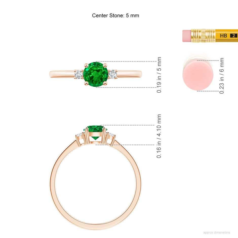 5mm AAAA Prong-Set Round 3 Stone Emerald and Diamond Ring in Rose Gold ruler