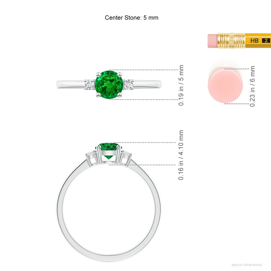 5mm AAAA Prong-Set Round 3 Stone Emerald and Diamond Ring in White Gold ruler