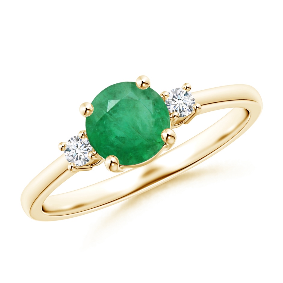 6mm A Prong-Set Round 3 Stone Emerald and Diamond Ring in Yellow Gold 
