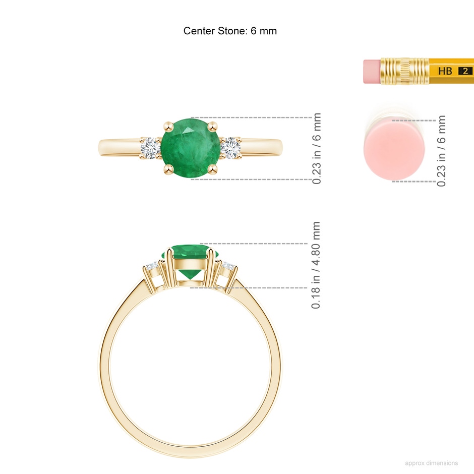 6mm A Prong-Set Round 3 Stone Emerald and Diamond Ring in Yellow Gold ruler