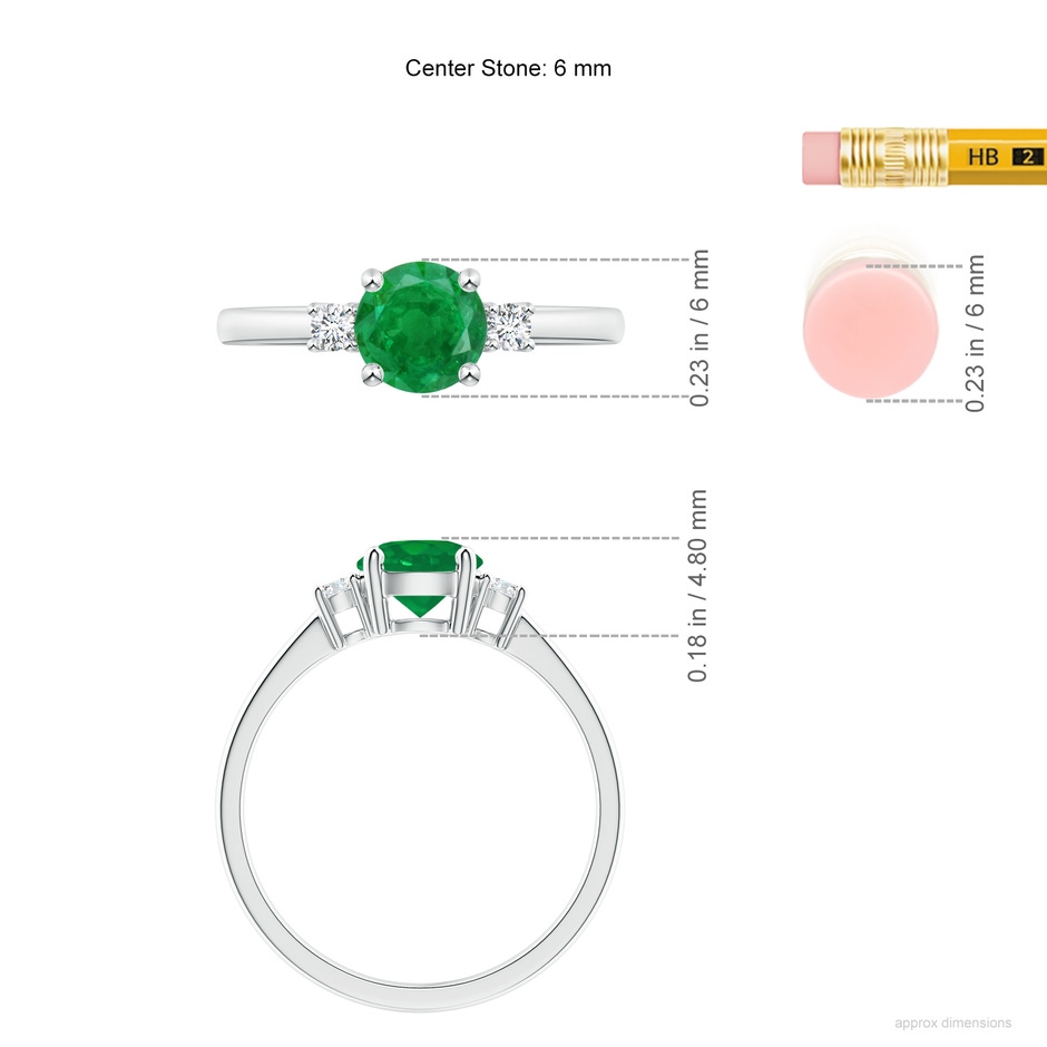 6mm AA Prong-Set Round 3 Stone Emerald and Diamond Ring in White Gold ruler