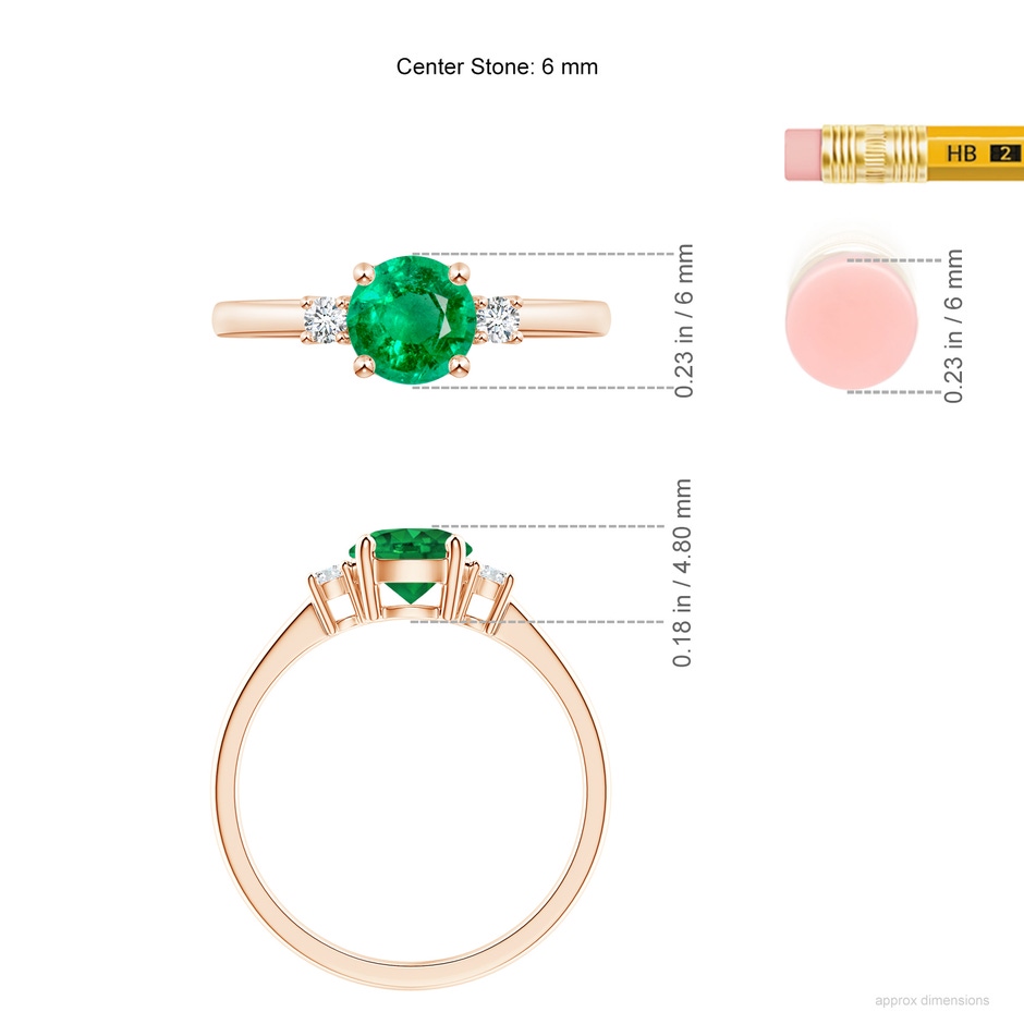 6mm AAA Prong-Set Round 3 Stone Emerald and Diamond Ring in Rose Gold ruler