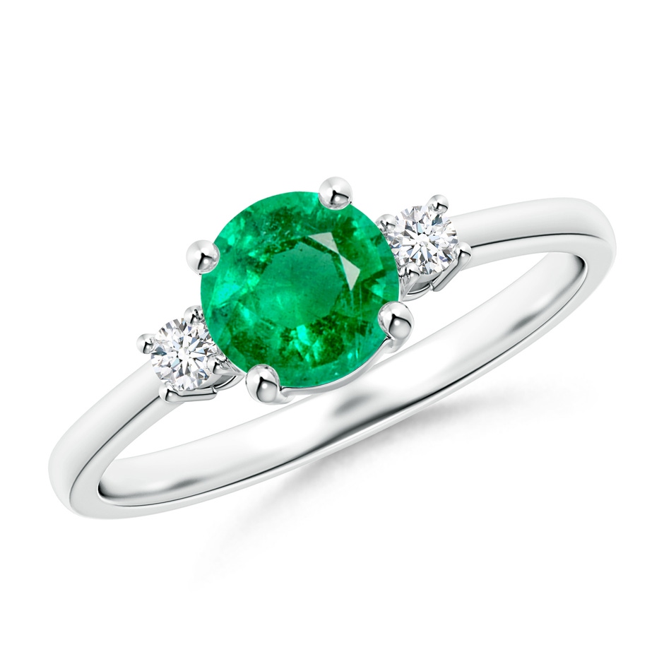 6mm AAA Prong-Set Round 3 Stone Emerald and Diamond Ring in White Gold 