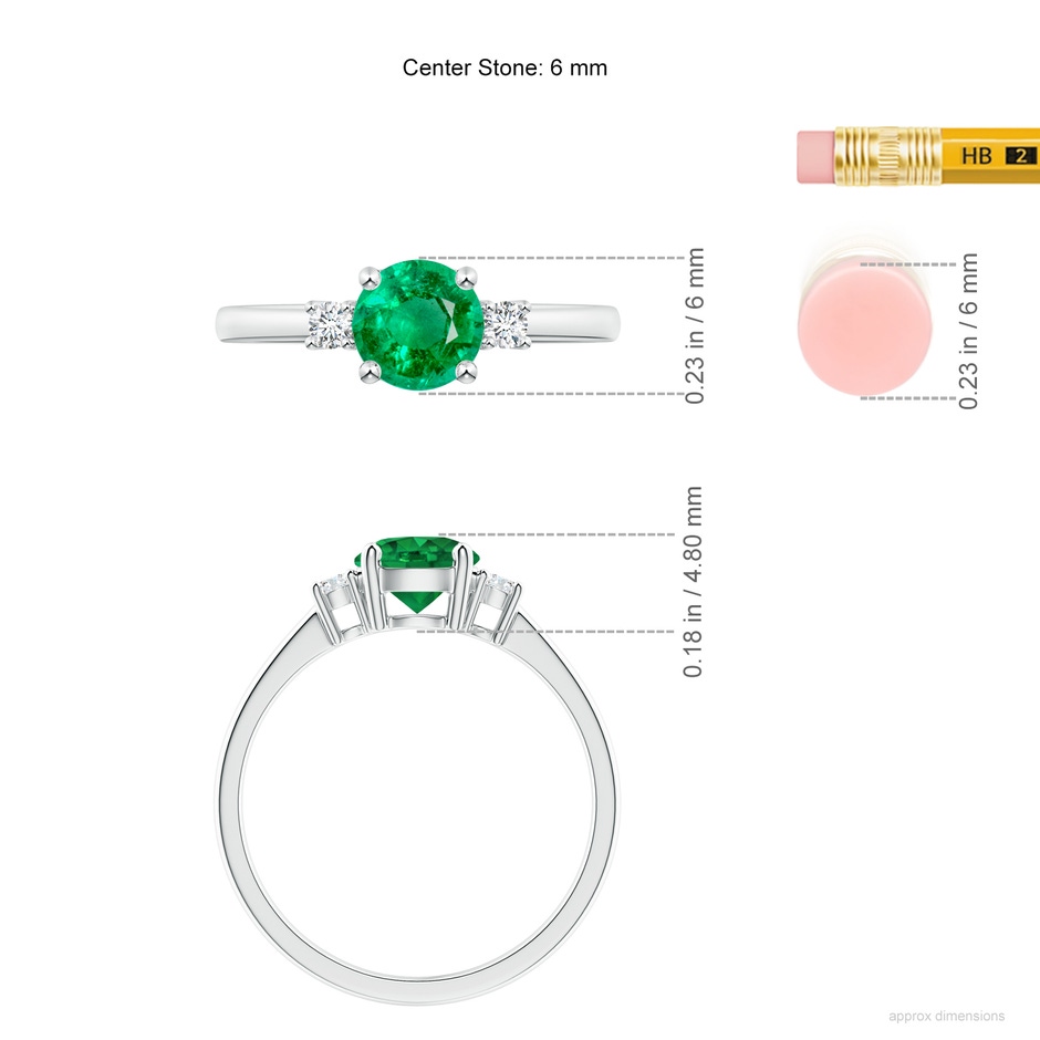6mm AAA Prong-Set Round 3 Stone Emerald and Diamond Ring in White Gold ruler
