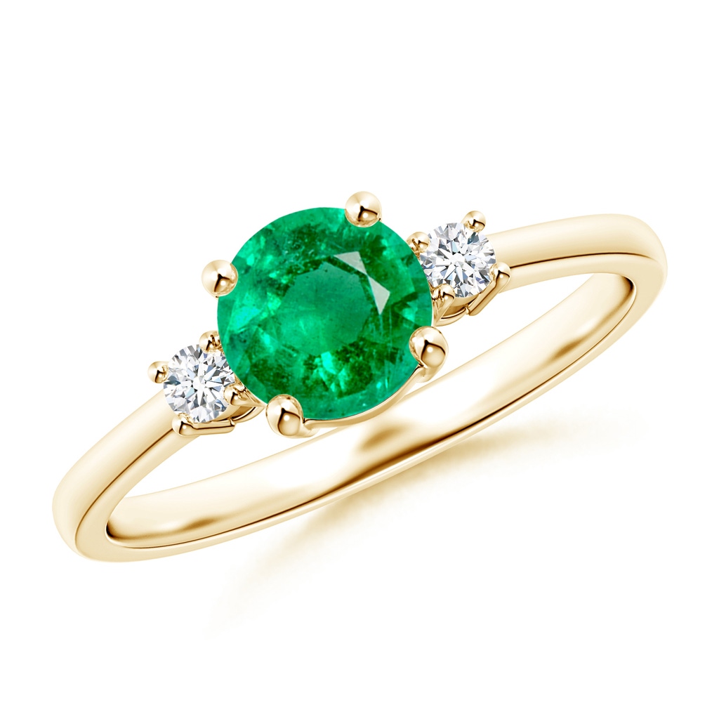 6mm AAA Prong-Set Round 3 Stone Emerald and Diamond Ring in Yellow Gold