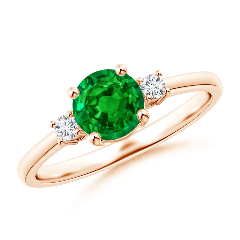 6mm AAAA Prong-Set Round 3 Stone Emerald and Diamond Ring in Rose Gold 