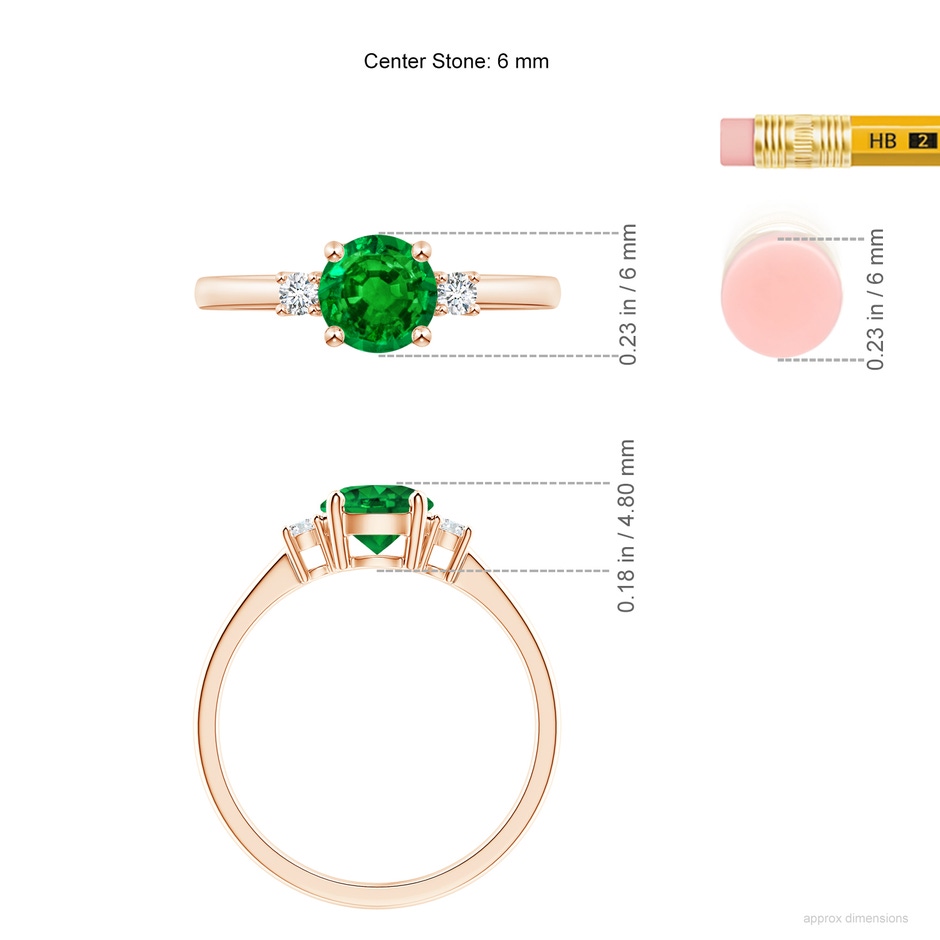 6mm AAAA Prong-Set Round 3 Stone Emerald and Diamond Ring in Rose Gold ruler